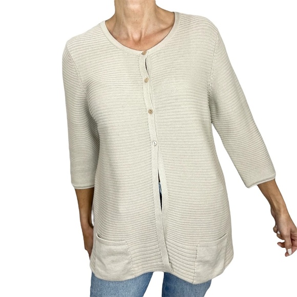 OLSEN cotton blend neutral beige 3/4 sleeve ribbed knit cardigan sweater 12 - Picture 2 of 12